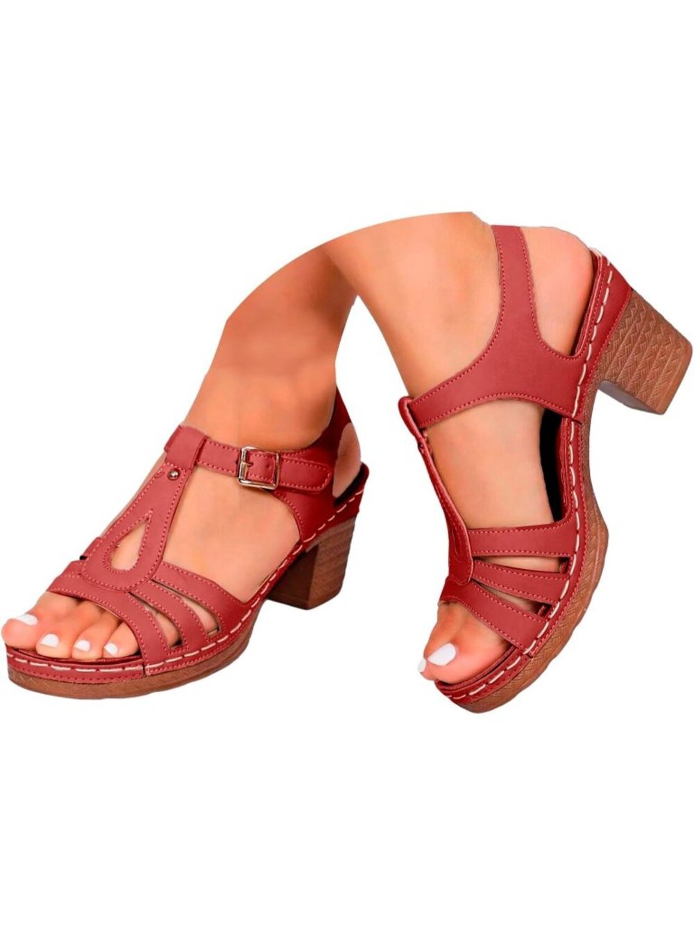 Women's Red Dressy Low Block Chunky Heels Ankle Strap Comfortable Open Toe
